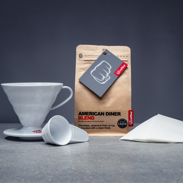 The V60 Starter Kit from 47 Degrees Coffee.  V60 kit with dripper, filters & award-winning coffee - American Diner Blend.